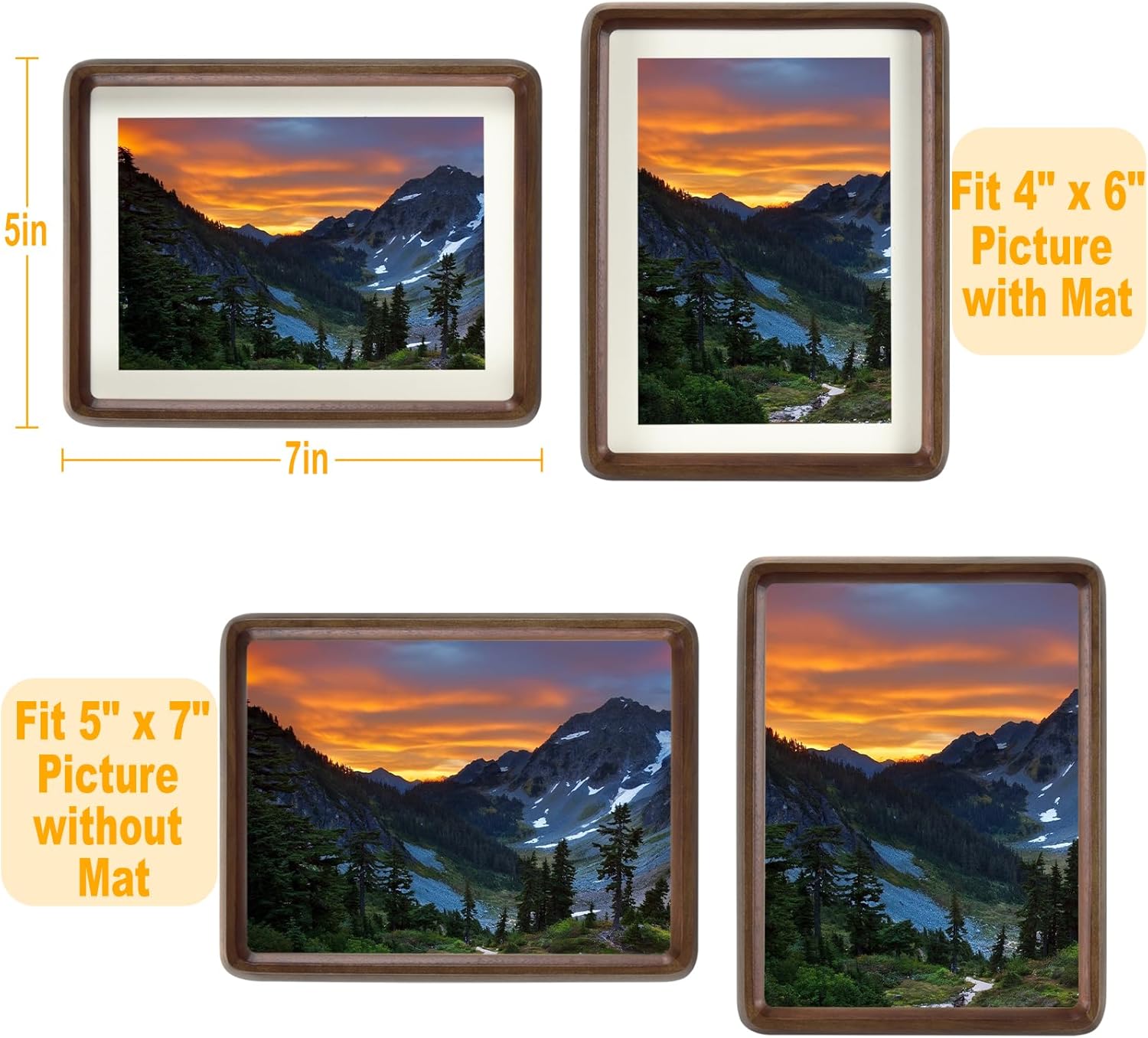 HELPLEX 5x7 Premium Picture Frame Set of 2 - Solid Walnut Wood with HD Tempered Glass, Convertible 4x6 Matted or 5x7 Frameless Display, Wall or Tabletop Frames - Home Gallery, Memories Made Easy